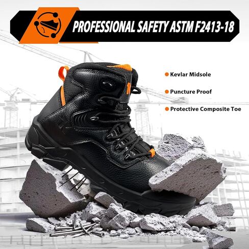 أحذية مركبة عند الأصابع خفيفة الوزن - جلد طبيعي مقاوم للماء، ASTM F2413-18 آمن لأصابع القدم ومقاومة للثقب، أحذية البناء الصناعية EH 18KV للرجال، راحة طوال اليوم in Kuwait