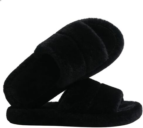 شبشب نسائي مريح من الفرو الصناعي - حذاء منزلي ناعم مفتوح عند الأصابع مع نعل غير قابل للانزلاق، مثالي لغرفة النوم وغرفة المعيشة in Kuwait