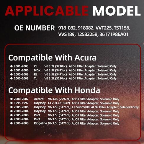 Oil Filter Adapter Solenoid & VTC Valve, Replaces OE 918-082 VVT225 36171P8EA01 TS1156 VVS189, Compatible with 2000-2008 Accord TL MDX Pilot Odyssey - Fix Oil Leaks & VVT Issues in Saudi Arabia