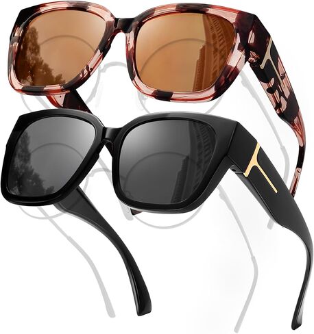 Fit Over Glasses Women Polarized Sunglasses Square Wrap Around Over Glasses UV Protection & 2 Pack in Saudi Arabia