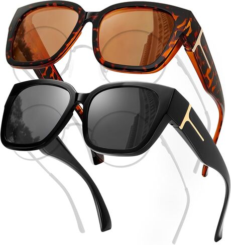 Fit Over Glasses Women Polarized Sunglasses Square Wrap Around Over Glasses UV Protection & 2 Pack in Saudi Arabia