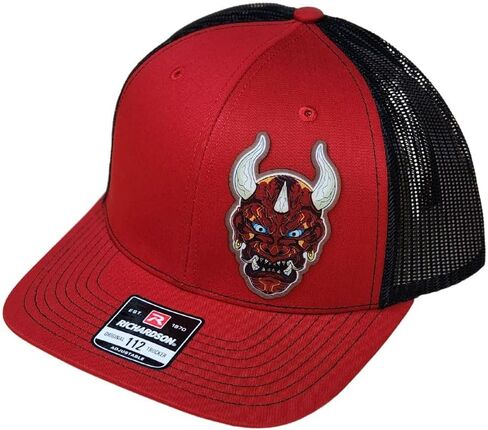 قبعة الشيطان الكرتونية، قبعة سائق الشاحنة ريتشاردسون 112 بتصميم ديفين، قبعة شبكية قابلة للتنفس، رقعة جلدية، إكسسوار متين للارتداء اليومي in Kuwait