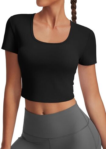 تي شيرت نسائي قصير الأكمام للتمرينات الرياضية بأكمام قصيرة ورقبة واسعة ومناسبة للصالة الرياضية واليوجا in Kuwait