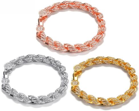 9mm Iced Out Twisted Rope Chain Necklace or Bracelet, Pendant-Compatible, Golden/Silvery/Rose Gold, 7-9'' Bracelets & 16-24'' Chains, Hip Hop Jewelry for Men Women in Saudi Arabia