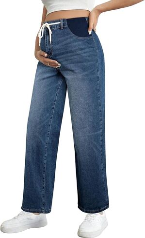 BLENCOT Women's Maternity Jeans High Waisted Drawstring Stretchy Straight Leg Pregnancy Denim Pants in Saudi Arabia