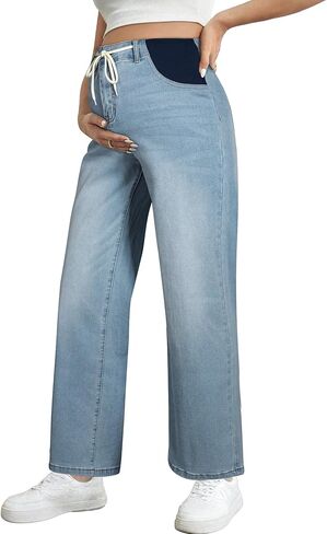 BLENCOT Women's Maternity Jeans High Waisted Drawstring Stretchy Straight Leg Pregnancy Denim Pants in Saudi Arabia