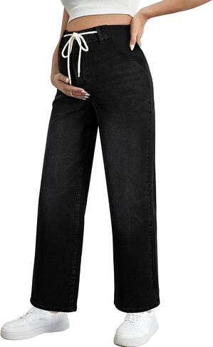 BLENCOT Women's Maternity Jeans High Waisted Drawstring Stretchy Straight Leg Pregnancy Denim Pants in Saudi Arabia