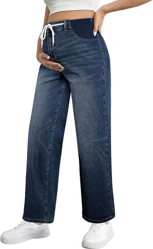 BLENCOT Women's Maternity Jeans High Waisted Drawstring Stretchy Straight Leg Pregnancy Denim Pants in Saudi Arabia