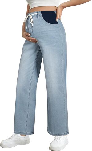 BLENCOT Women's Maternity Jeans High Waisted Drawstring Stretchy Straight Leg Pregnancy Denim Pants in Saudi Arabia