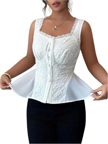 SOLY HUX Women's Lace Trim Tie Front Tank Top Button Up Sleeveless Summer Coquette Tops in Saudi Arabia