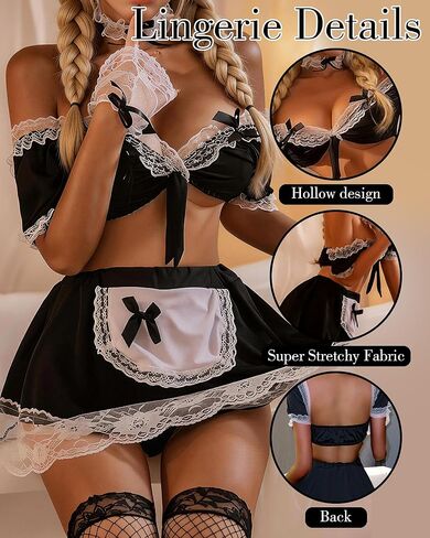 Maid Costume for Women - 7 Pcs Maid Outfit White Lace Cuffs Headband Choker Black Fishnet Stockings Halloween Anime Cosplay Theme Party Outfit in Saudi Arabia