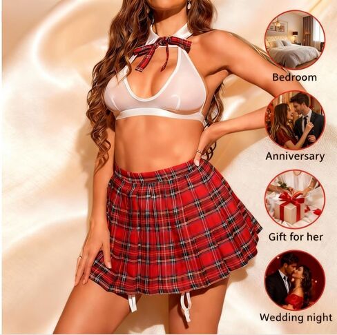 Sexy School Girl Lingerie Set for Women, Roleplay Student Costume with Tie Top Shirt and Mini Skirt Sexy Two-Piece Valentines Day Lingerie in Saudi Arabia
