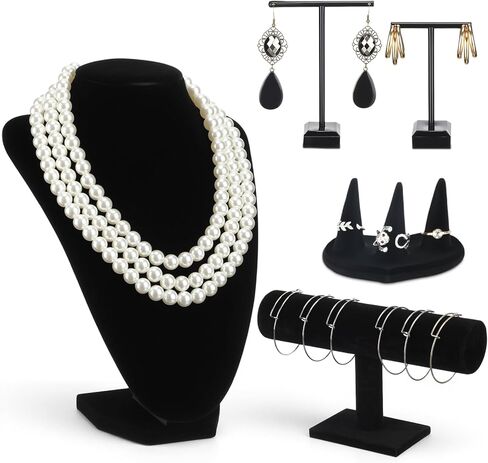 Novabright 5 Pcs Velvet Jewelry Display Set Necklace Bust Holder T Bar Bracelet Earring Holder Ring Finger Jewelry Display Stand in Kuwait