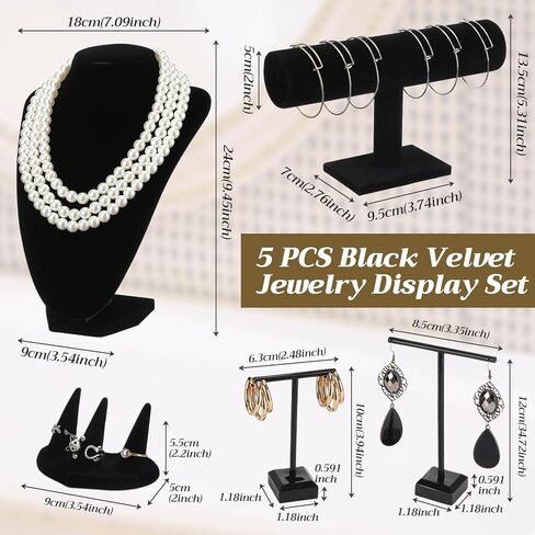 Novabright 5 Pcs Velvet Jewelry Display Set Necklace Bust Holder T Bar Bracelet Earring Holder Ring Finger Jewelry Display Stand in Kuwait