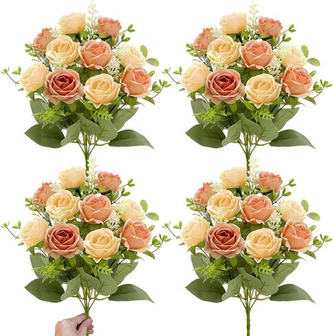 TURNMEON 40 Heads Fake Roses Artificial Flowers for Outdoors Spring Valentines Day Decorations, 4 Bouquets UV Resistant Fake Flower Bouquet Faux Silk Roses for Wedding Home Cemetery Summer Decor(Red) in Saudi Arabia