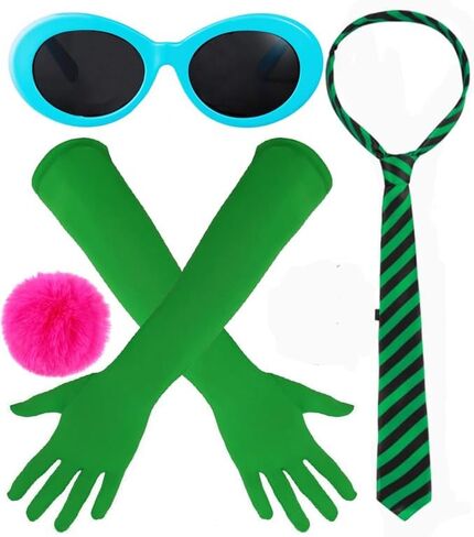 Halloween Green Costume Accessories Set with Blue Sunglasses, Long Gloves, Striped Tie, Pink Pom Pom, Party Dress Up Kit (4Pcs) in Saudi Arabia