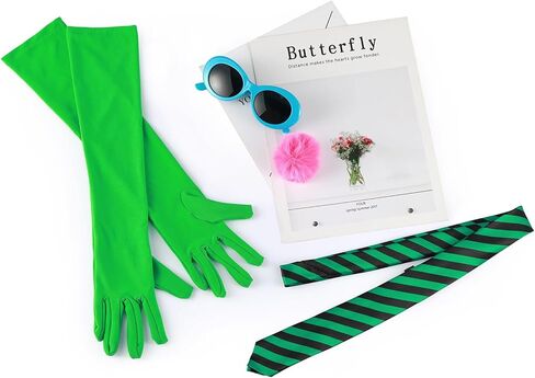 Halloween Green Costume Accessories Set with Blue Sunglasses, Long Gloves, Striped Tie, Pink Pom Pom, Party Dress Up Kit (4Pcs) in Saudi Arabia