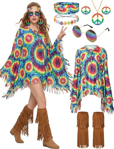 مجموعة إكسسوارات زي الهبي من Drofe 70s، ربطة عنق صبغ المعطف زهرة التيجان عصابات الرأس نظارات شمسية قلادة على شكل علامة السلام أقراط in Kuwait