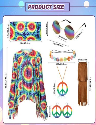 مجموعة إكسسوارات زي الهبي من Drofe 70s، ربطة عنق صبغ المعطف زهرة التيجان عصابات الرأس نظارات شمسية قلادة على شكل علامة السلام أقراط in Kuwait