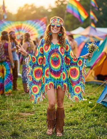 مجموعة إكسسوارات زي الهبي من Drofe 70s، ربطة عنق صبغ المعطف زهرة التيجان عصابات الرأس نظارات شمسية قلادة على شكل علامة السلام أقراط in Kuwait