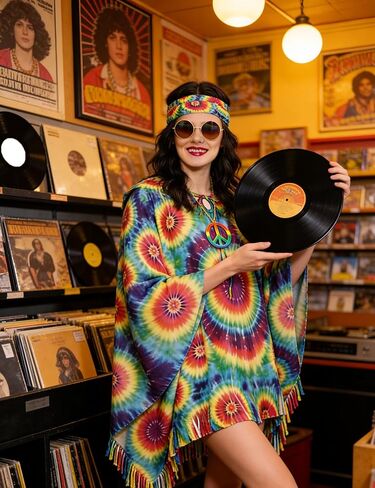 مجموعة إكسسوارات زي الهبي من Drofe 70s، ربطة عنق صبغ المعطف زهرة التيجان عصابات الرأس نظارات شمسية قلادة على شكل علامة السلام أقراط in Kuwait