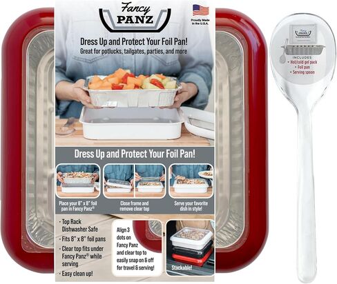 Fancy Panz 8 x 8-Inch Dress Up and Protect Your Foil Pan®, 100% Made in USA, 8 x 8 Foil Pan Included. Hot or Cold Food. Stackable for easy travel. Great for potlucks, tailgating & home (Red) in Kuwait
