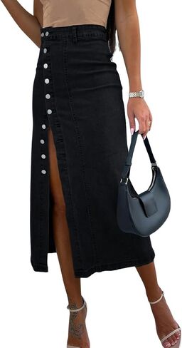ebossy Women's High Waist Side Slit Button Up Long Jean Skirts Bodycon Stretchy Denim Pencil Skirts in Saudi Arabia