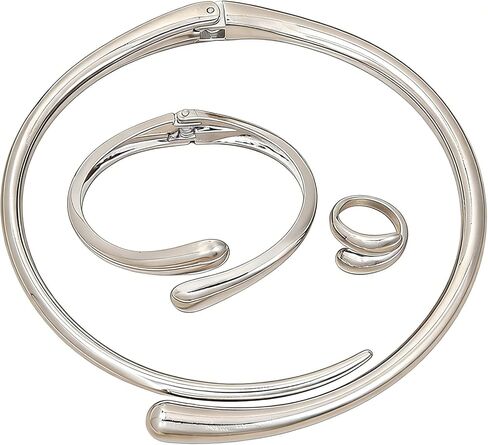 Chunky Gold Choker Necklace Bracelets Ring for Women Statement Golden/Silver Teardrop Open Cuff Collar Necklace Minimalist Fashion Jewelry Set Accessories for Women in Saudi Arabia