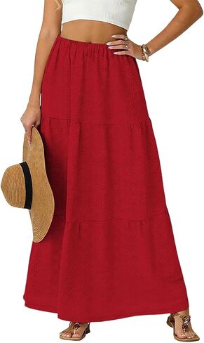 Skirts for Women Trendy Summer Eyelet High Waisted Swing Tiered Long Maxi Skirt Casual Baggy Flowy A Line Dress in Kuwait