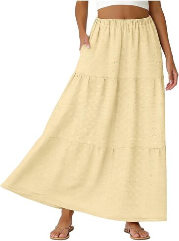 Skirts for Women Trendy Summer Eyelet High Waisted Swing Tiered Long Maxi Skirt Casual Baggy Flowy A Line Dress in Saudi Arabia