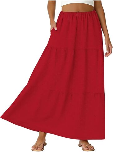 Skirts for Women Trendy Summer Eyelet High Waisted Swing Tiered Long Maxi Skirt Casual Baggy Flowy A Line Dress in Kuwait