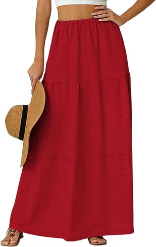 Skirts for Women Trendy Summer Eyelet High Waisted Swing Tiered Long Maxi Skirt Casual Baggy Flowy A Line Dress in Kuwait