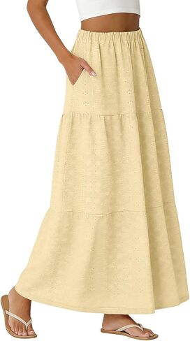 Skirts for Women Trendy Summer Eyelet High Waisted Swing Tiered Long Maxi Skirt Casual Baggy Flowy A Line Dress in Saudi Arabia