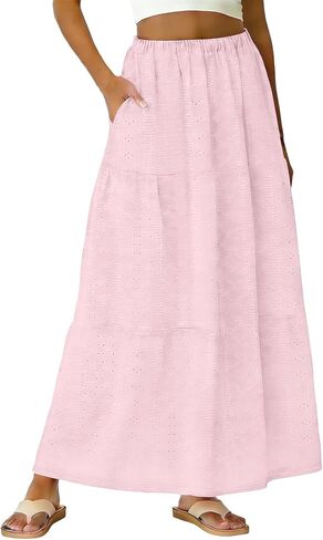 Skirts for Women Trendy Summer Eyelet High Waisted Swing Tiered Long Maxi Skirt Casual Baggy Flowy A Line Dress in Saudi Arabia