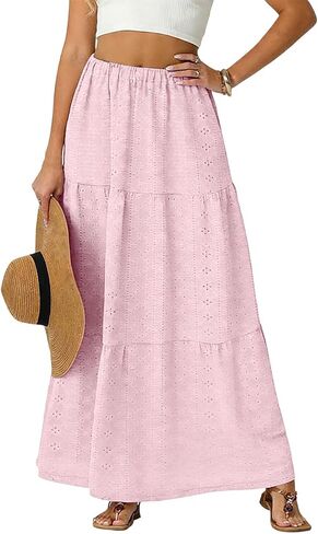 Skirts for Women Trendy Summer Eyelet High Waisted Swing Tiered Long Maxi Skirt Casual Baggy Flowy A Line Dress in Saudi Arabia