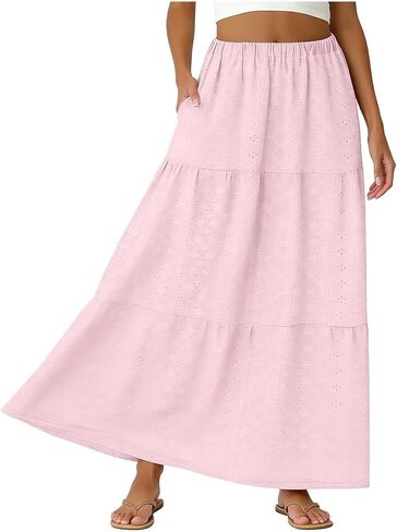 Skirts for Women Trendy Summer Eyelet High Waisted Swing Tiered Long Maxi Skirt Casual Baggy Flowy A Line Dress in Saudi Arabia