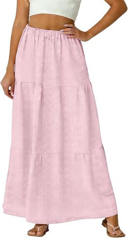 Skirts for Women Trendy Summer Eyelet High Waisted Swing Tiered Long Maxi Skirt Casual Baggy Flowy A Line Dress in Saudi Arabia