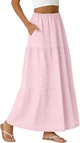 Skirts for Women Trendy Summer Eyelet High Waisted Swing Tiered Long Maxi Skirt Casual Baggy Flowy A Line Dress in Saudi Arabia