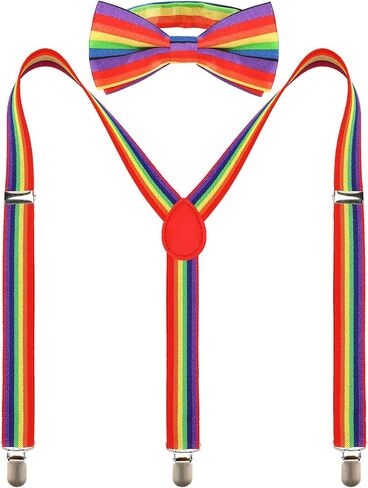 Mardi Gras Suspenders and Bow Tie Set for Men Adults, Green Purple Yellow Striped Costume Party Outfit in Saudi Arabia