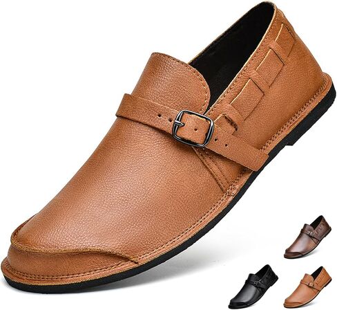 Men's Leather Slip On Flat Loafer,Casual Lightweight Soft Sole Driving Penny Shoes Adjustable Buckle Hand-Made Dress Shoes in Saudi Arabia