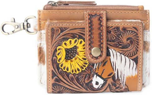 Myra Bag Credit Card Holder Wallet for Women, Wildflowers of the Prairie - 4.75"x3.5" Slim Card Holder, Turquoise Leather, Black and White Hair-On, Small Wallet for Women, Keyring, Zipper, Snap Close in Saudi Arabia
