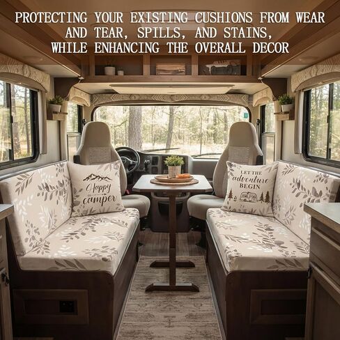 Tiamon Rv Dinette Cushion Covers Set - 6 Pcs Beige Floral Camping Theme Cushion Slipcovers for Camper Car Bench Seat Replacement 2 Pillowcase, 2 Backrest, 2 Bench Cover, Easy Fit Stretchy Washable in Saudi Arabia