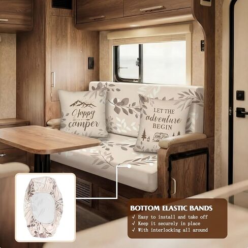 Tiamon Rv Dinette Cushion Covers Set - 6 Pcs Beige Floral Camping Theme Cushion Slipcovers for Camper Car Bench Seat Replacement 2 Pillowcase, 2 Backrest, 2 Bench Cover, Easy Fit Stretchy Washable in Saudi Arabia
