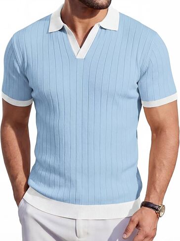 Mens Knit Polo Shirts Short Sleeve Slim Fit Casual Textured Golf Shirt Lightweight T Shirts with Contrast Collar in Kuwait