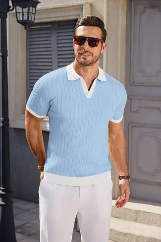 Mens Knit Polo Shirts Short Sleeve Slim Fit Casual Textured Golf Shirt Lightweight T Shirts with Contrast Collar in Kuwait