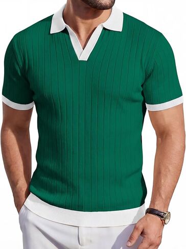 قمصان بولو رجالية محبوكة بأكمام قصيرة وقصة ضيقة، قميص جولف كاجوال منسوج، قمصان خفيفة الوزن مع ياقة متباينة in Kuwait