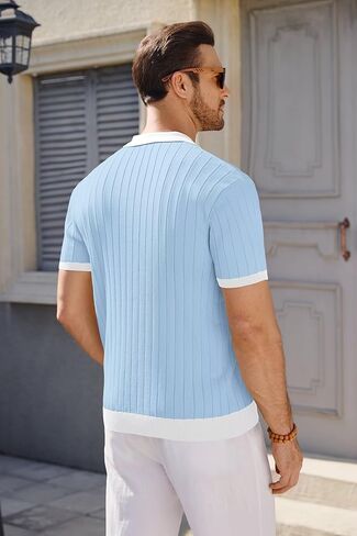 Mens Knit Polo Shirts Short Sleeve Slim Fit Casual Textured Golf Shirt Lightweight T Shirts with Contrast Collar in Kuwait