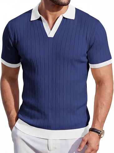 Mens Knit Polo Shirts Short Sleeve Slim Fit Casual Textured Golf Shirt Lightweight T Shirts with Contrast Collar in Kuwait