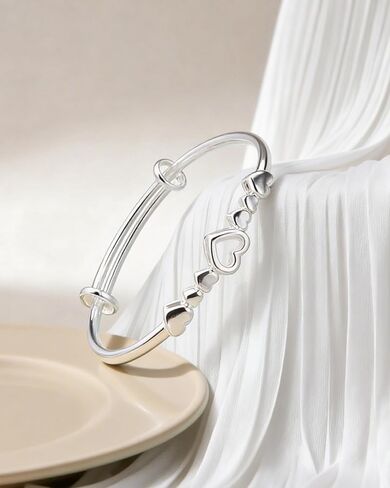 سوار على شكل قلب فضي مصقول رومانسي للنساء، أساور مفتوحة قابلة للتعديل مع قلوب مقصوصة، هدية مجوهرات مطلية بالفضة in Kuwait