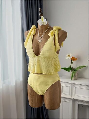 OYOANGLE Women's Textured Tankini Swimsuit Tummy Control Two Piece Bathing Suit V Neck Swim Top with Full Coverage Bottom in Saudi Arabia